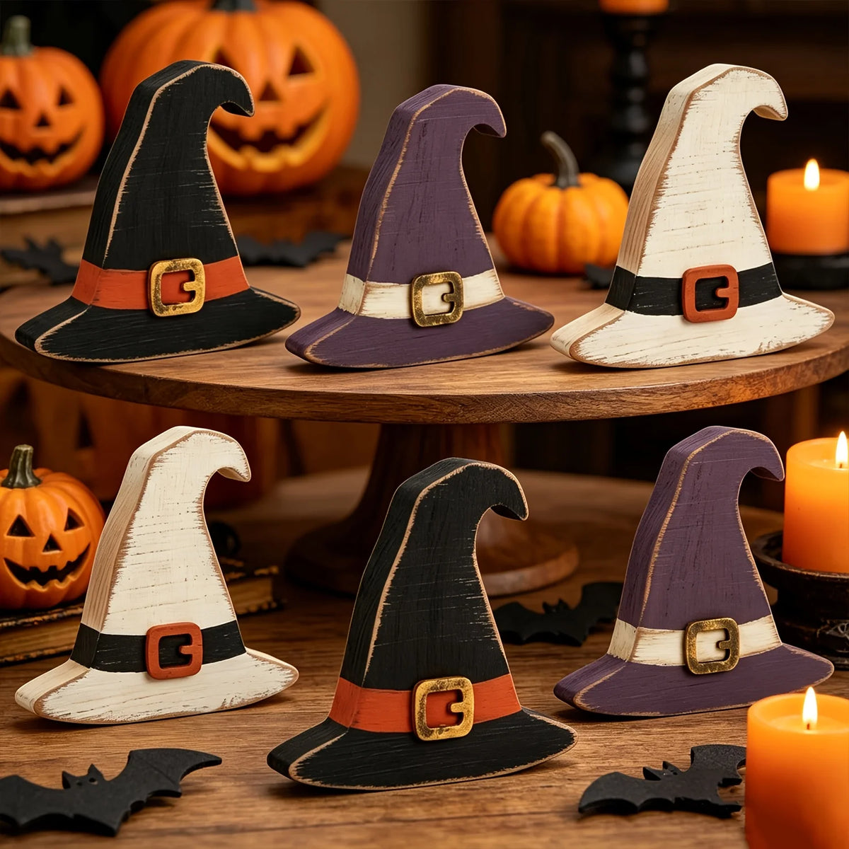 Rustic Wooden Witch Hat Table Centerpieces, Set of 6