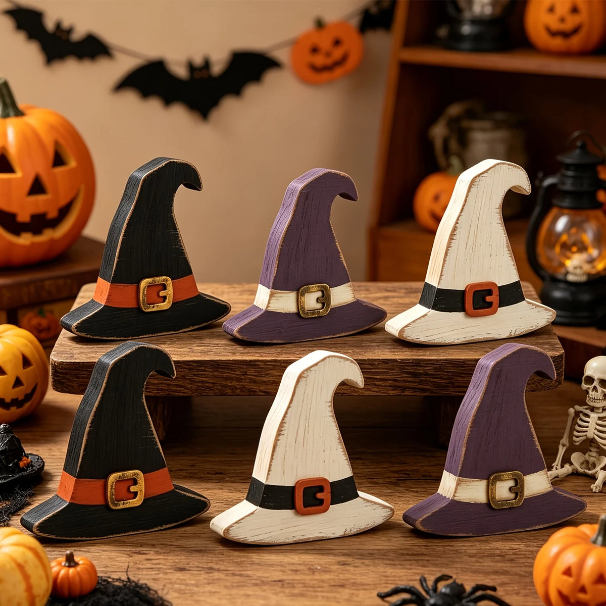 Rustic Wooden Witch Hat Table Centerpieces, Set of 6